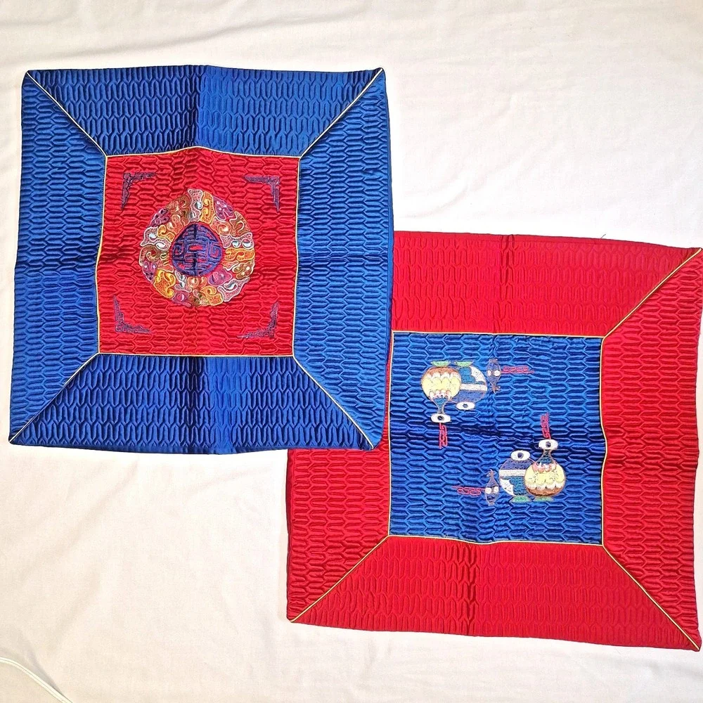 Vintage Korean Joseon Style Embroidered Satin Pillow Covers Pair Hyungbae Folk A